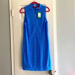 LILLY PULITZER Alexa Bay Blue Crochet Lace Shift Mini Dress L Zip Neck